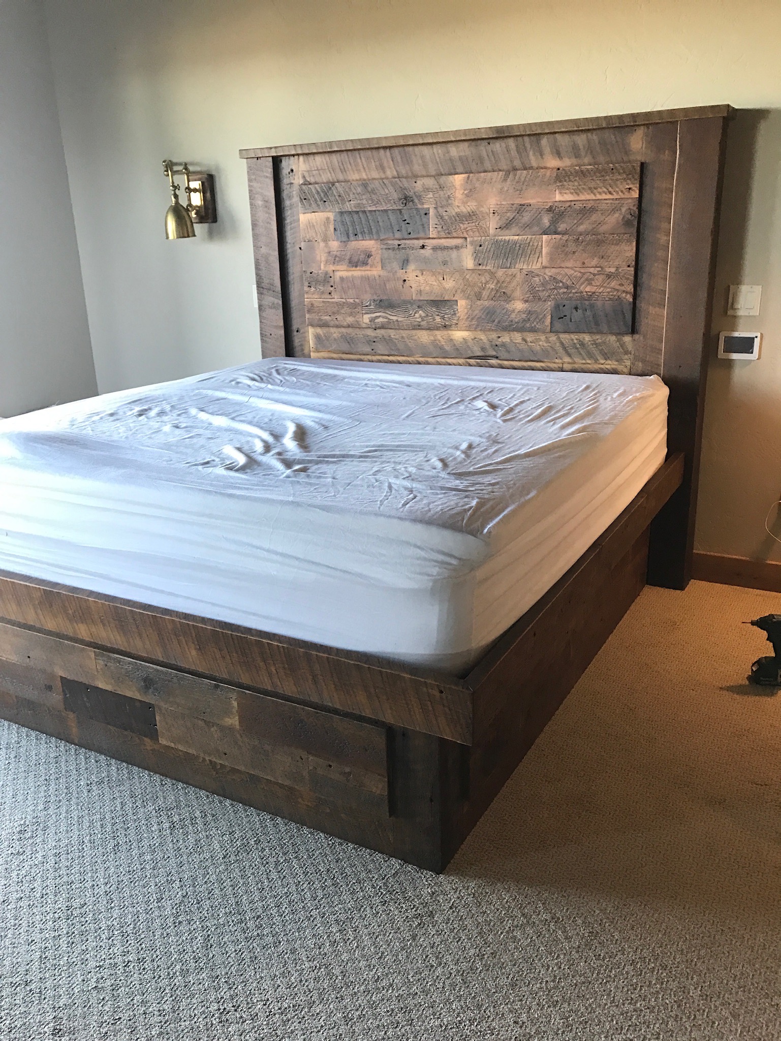 Reclaimed wood king bed platform and headboard