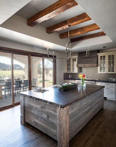 Custom Barnwood beams and kitchen island